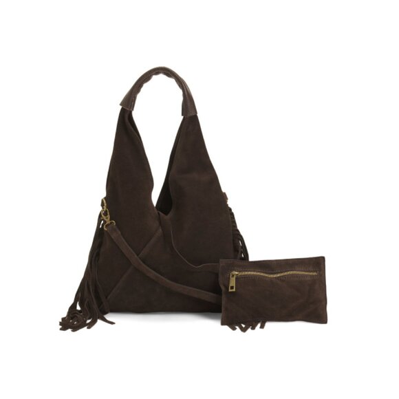 MARLON Chocolate Made In Italy Suede Fringe Hobo - Picture 1 of 2